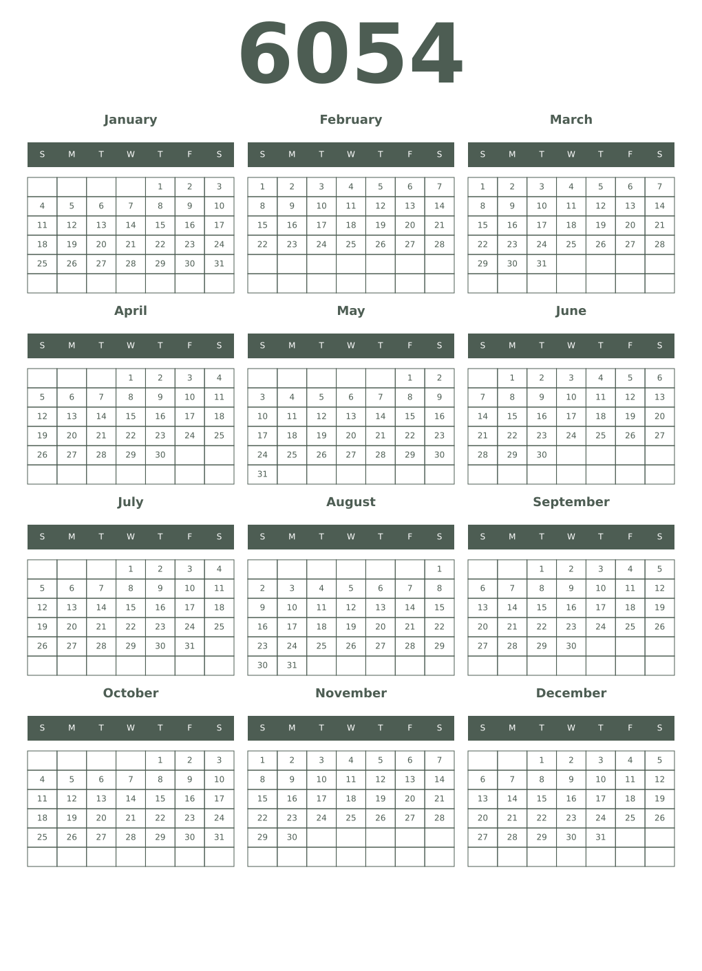 Printable 6054 Year Calendars feldgrau