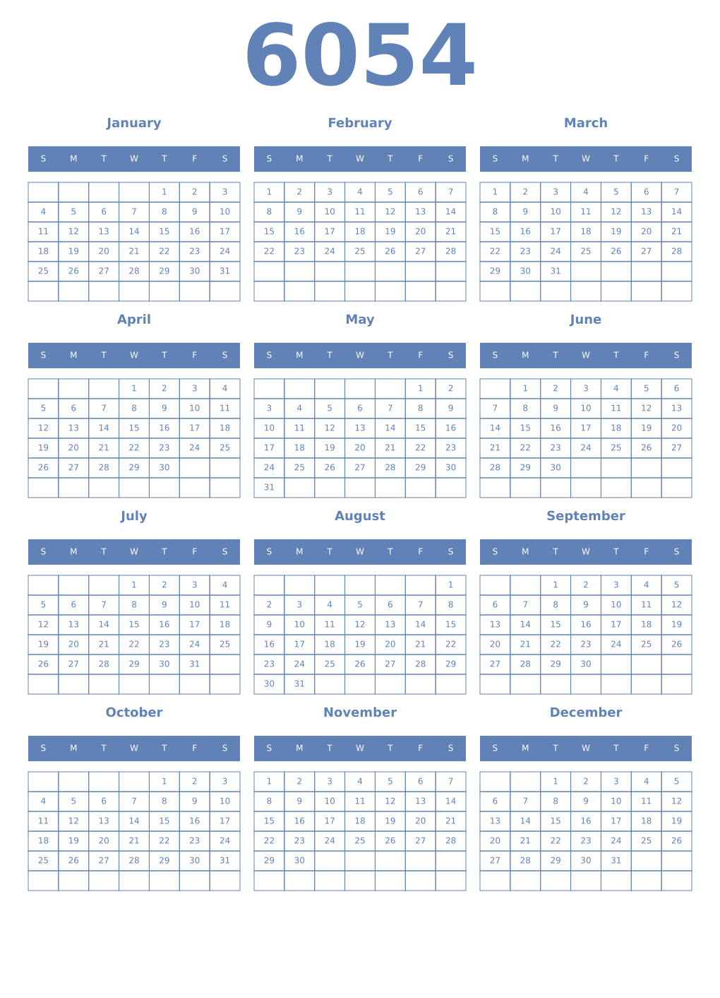 Printable 6054 Year Calendars glaucous