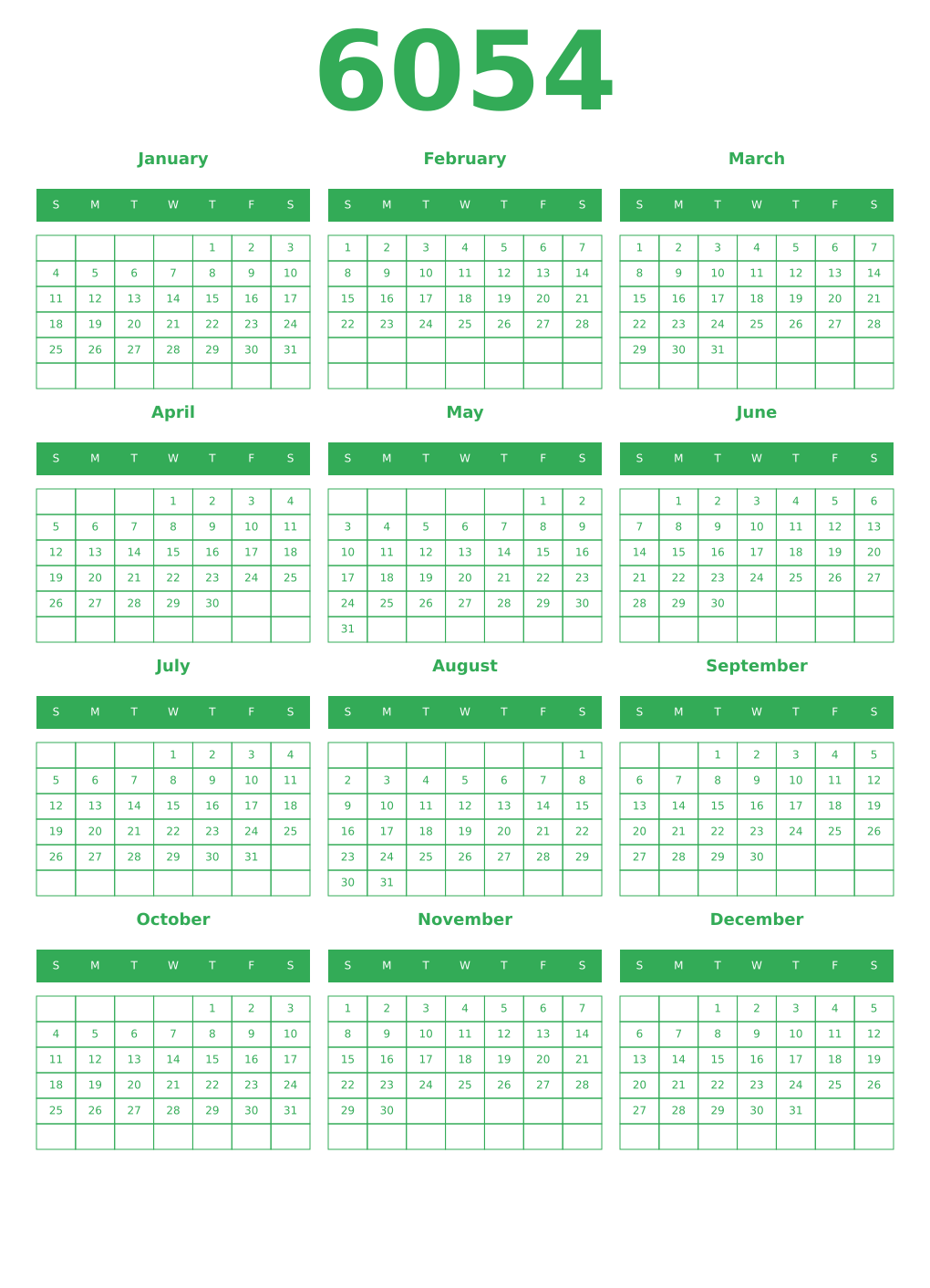 Printable 6054 Year Calendars green
