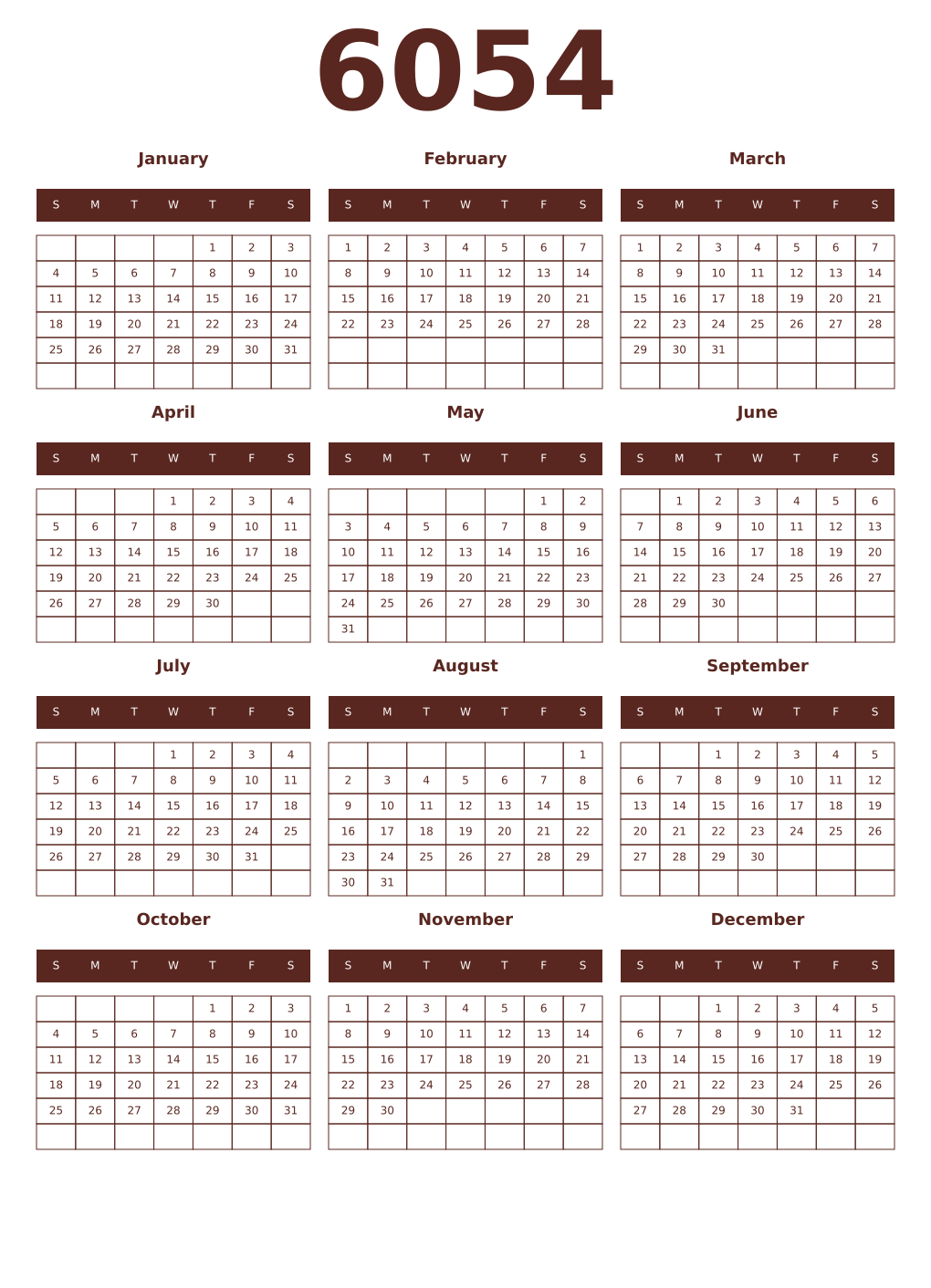 Printable 6054 Year Calendars mortuum