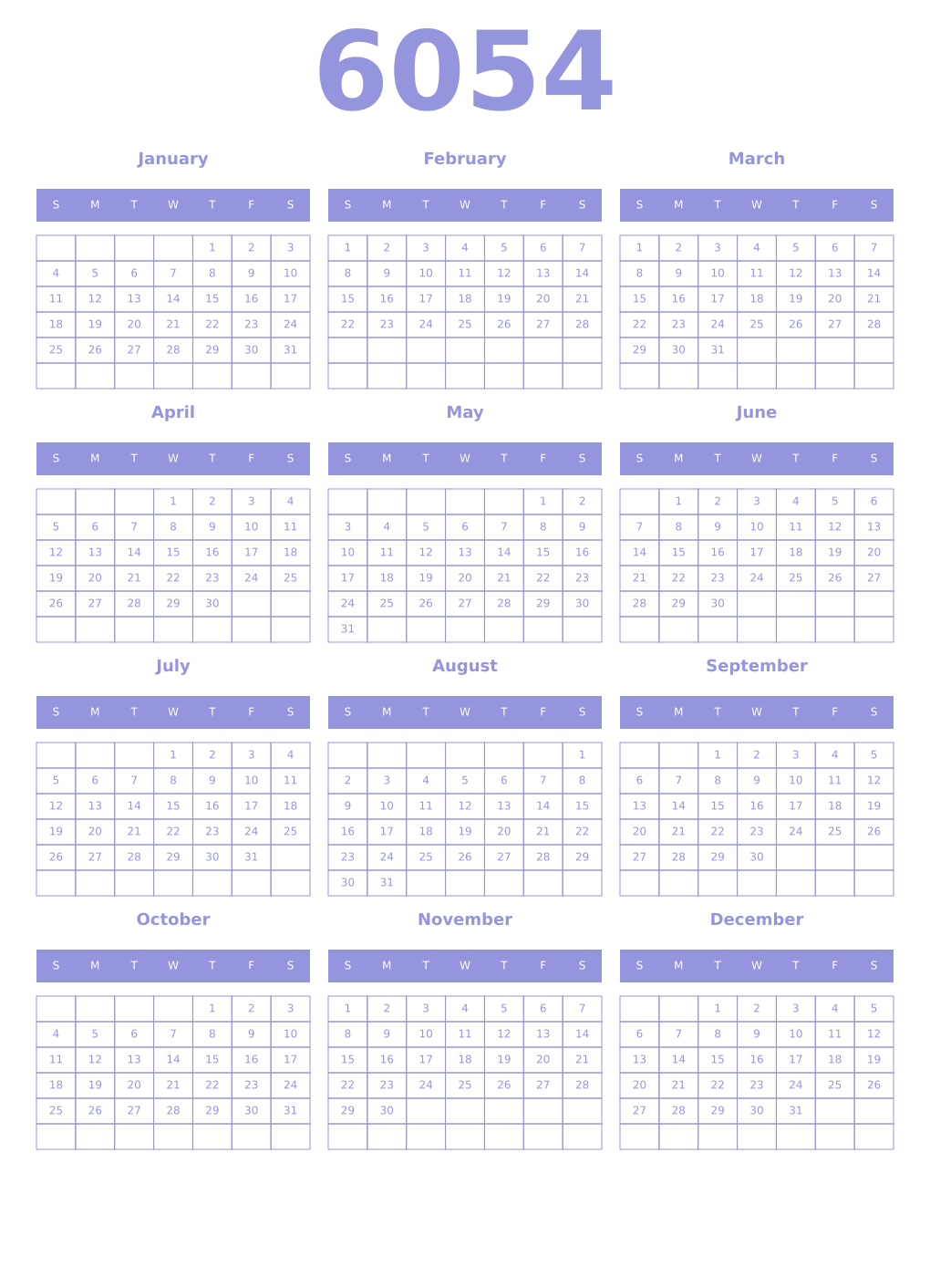 Printable 6054 Year Calendars periwinkle