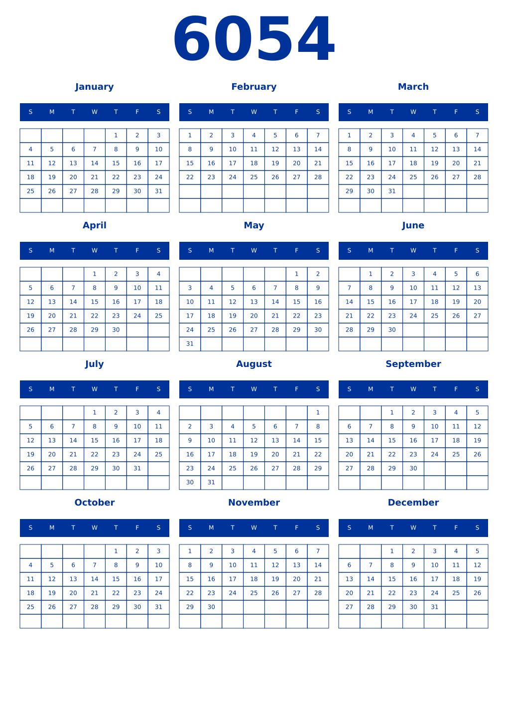 Printable 6054 Year Calendars smalt
