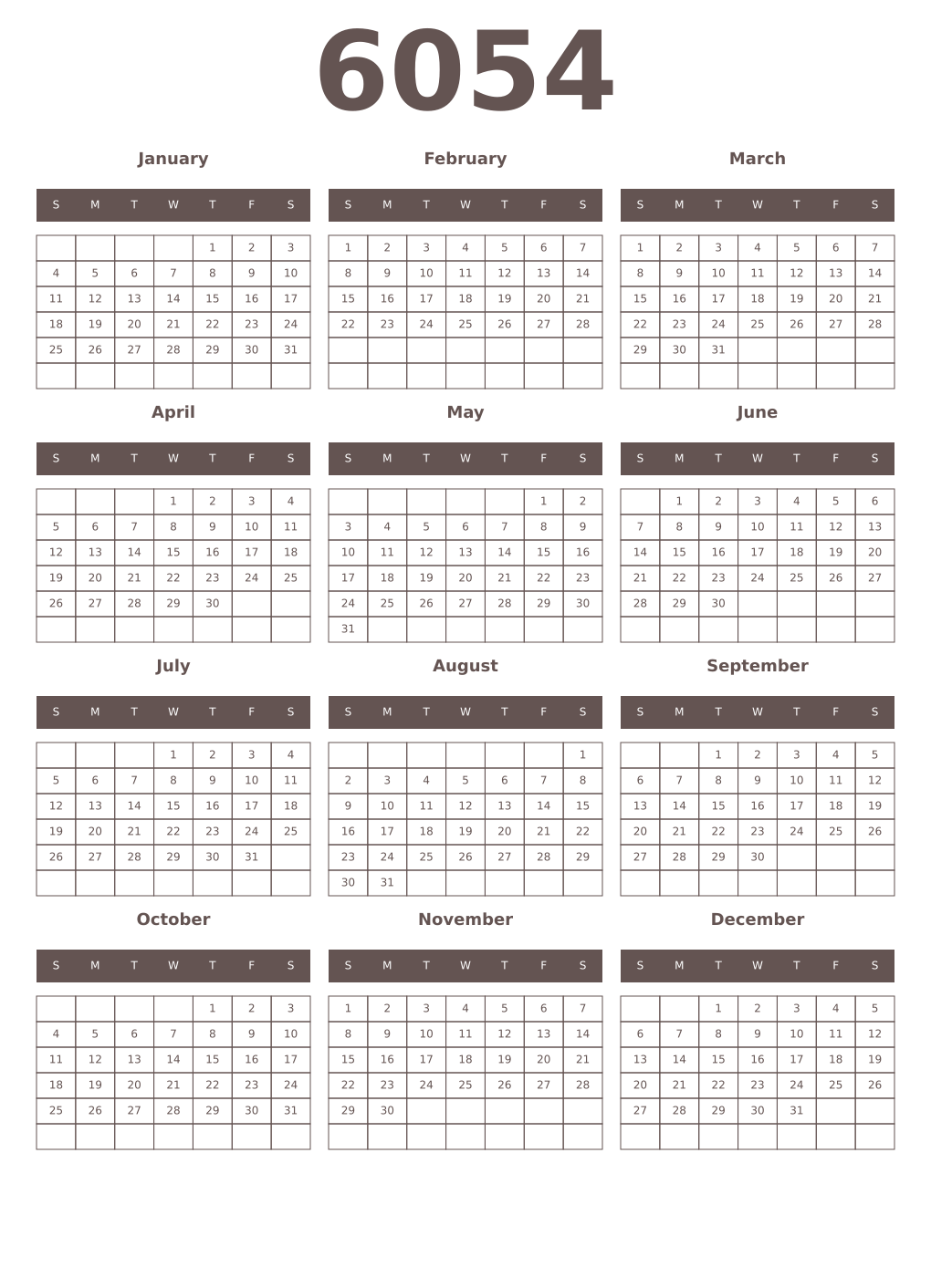 Printable 6054 Year Calendars wenge