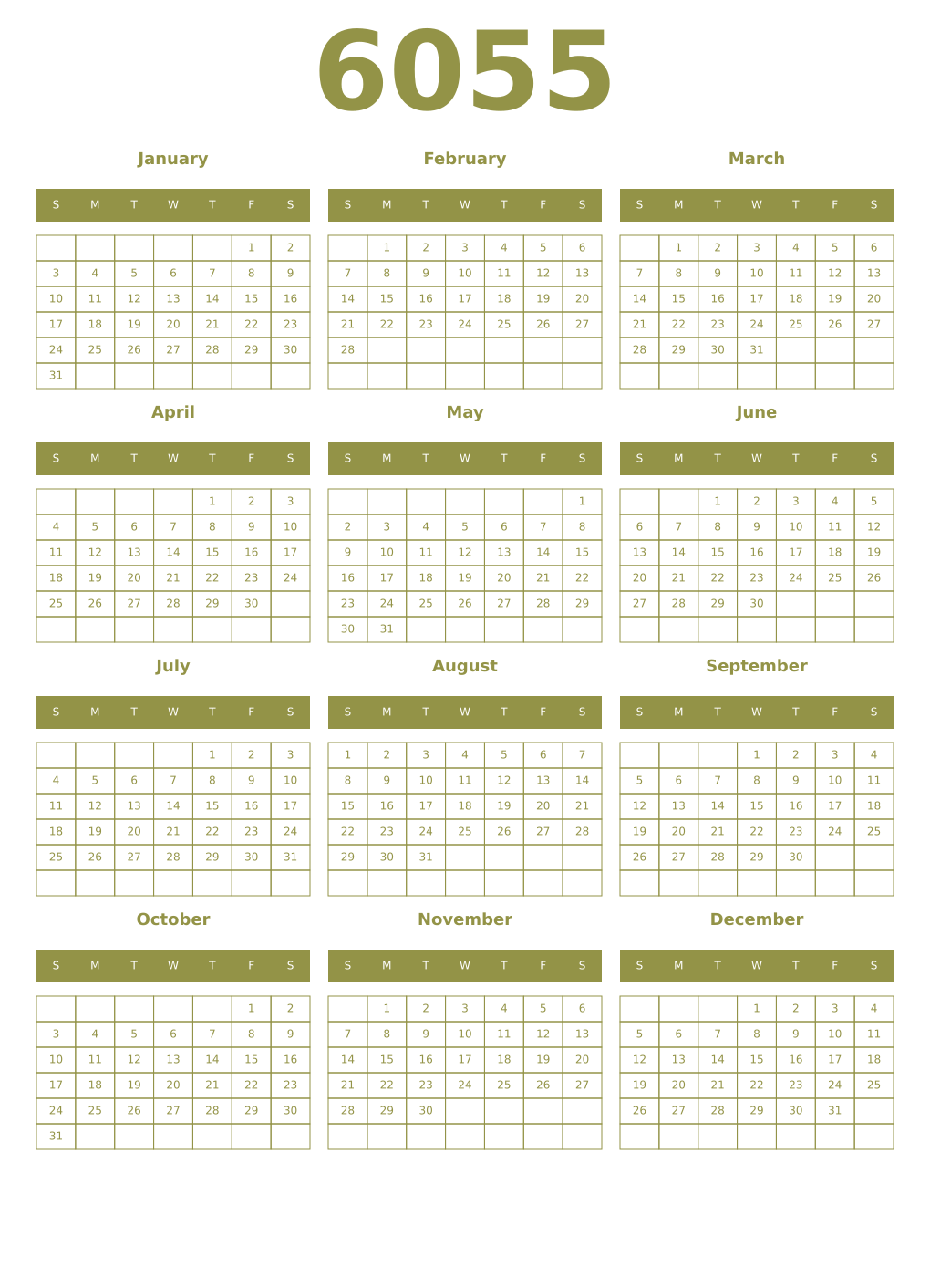Printable 6055 Year Calendars eburnean