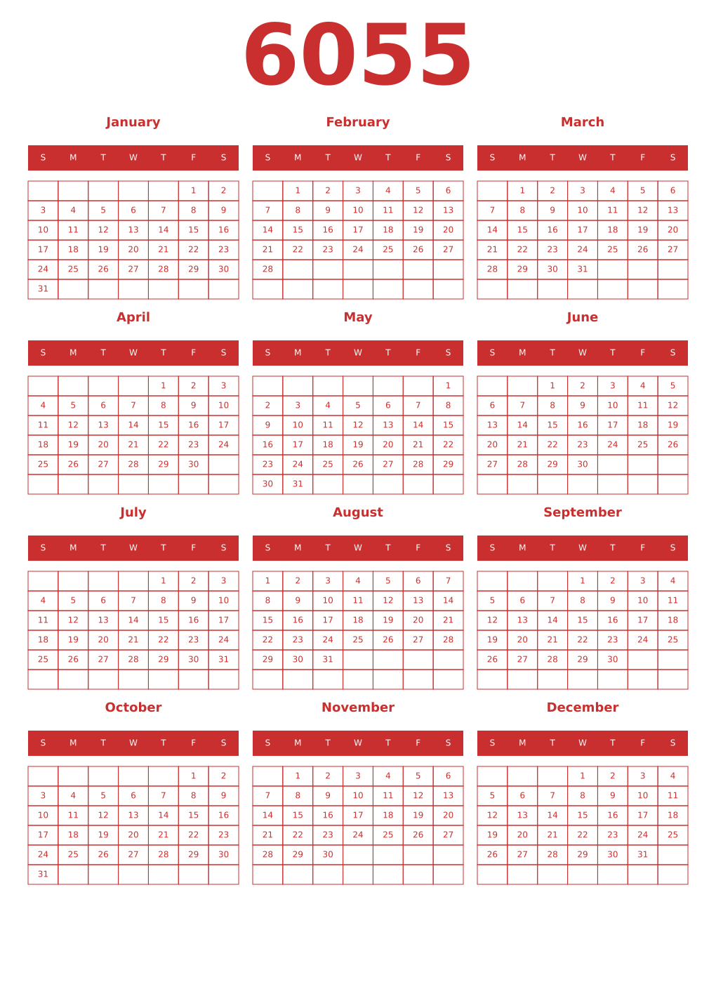 Printable 6055 Year Calendars red