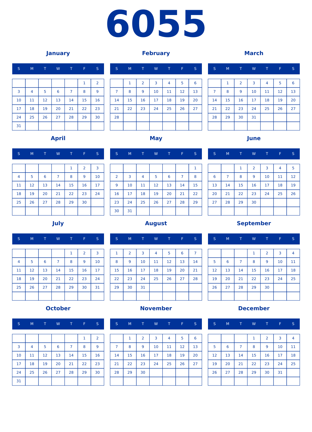 Printable 6055 Year Calendars smalt