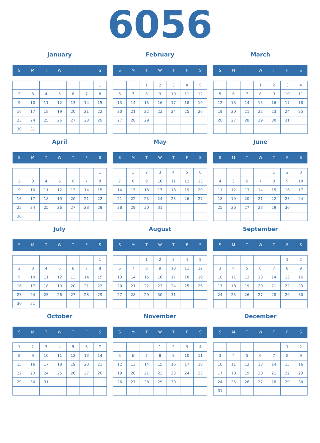 Printable 6056 Year Calendars blue