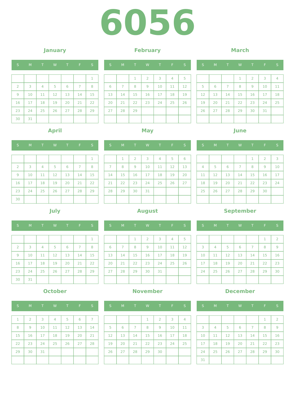Printable 6056 Year Calendars celadon