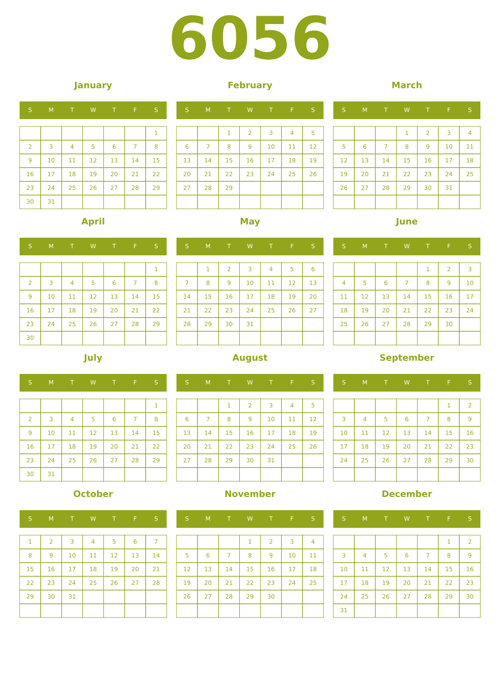 Printable 6056 Year Calendars chartreuse
