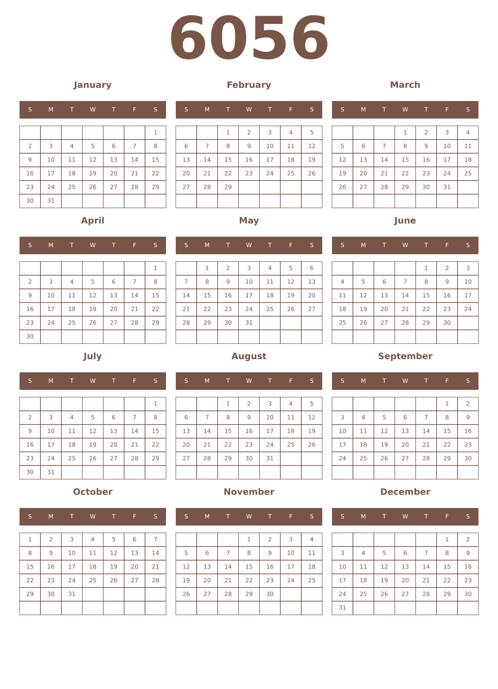 Printable 6056 Year Calendars coffe