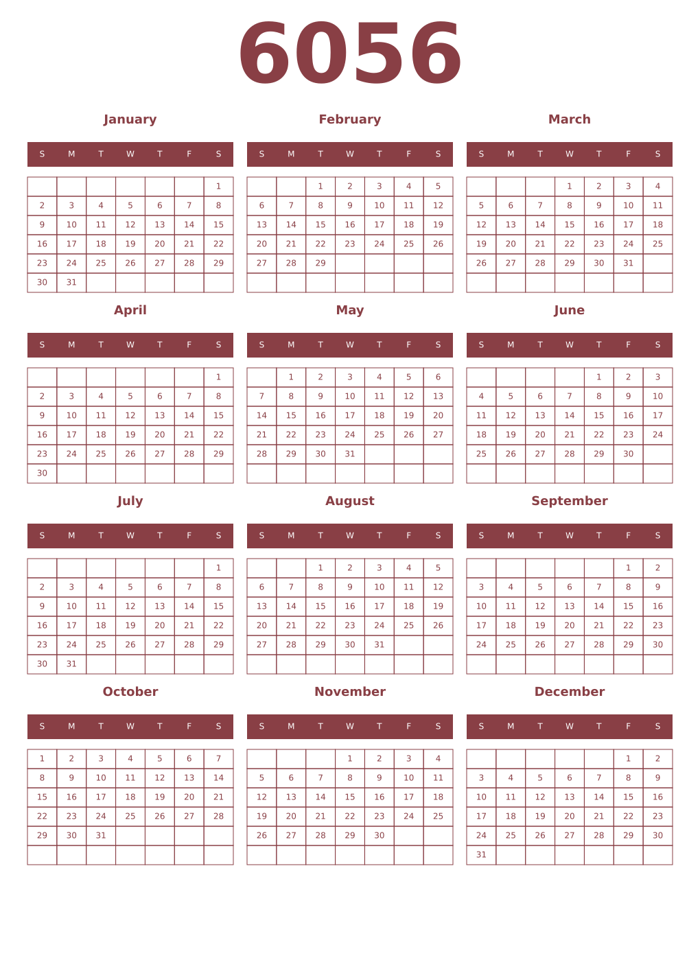 Printable 6056 Year Calendars cordovan
