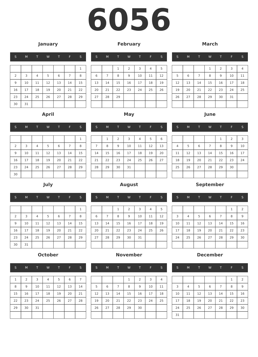 Printable 6056 Year Calendars dark