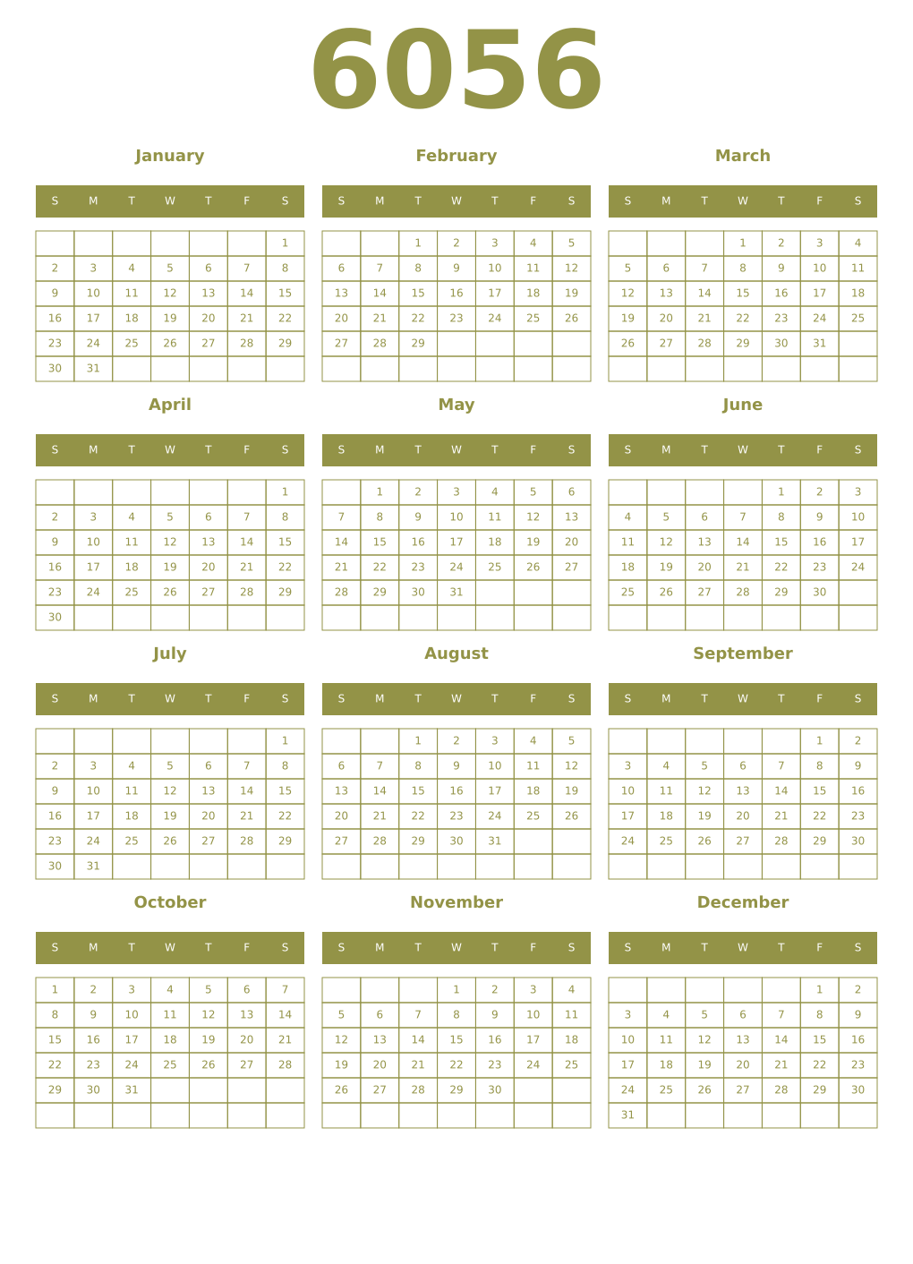 Printable 6056 Year Calendars eburnean