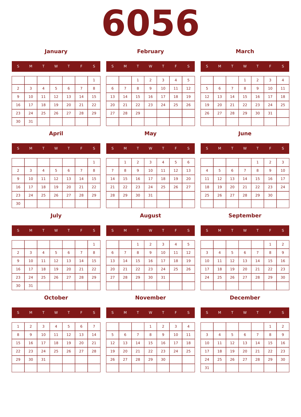 Printable 6056 Year Calendars falu