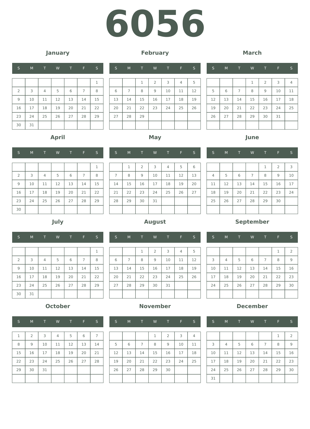 Printable 6056 Year Calendars feldgrau