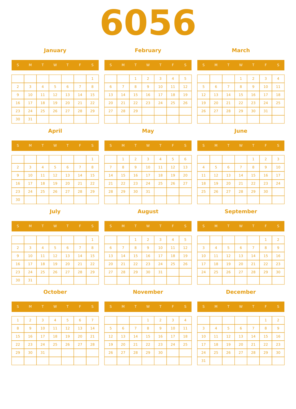 Printable 6056 Year Calendars gamboge
