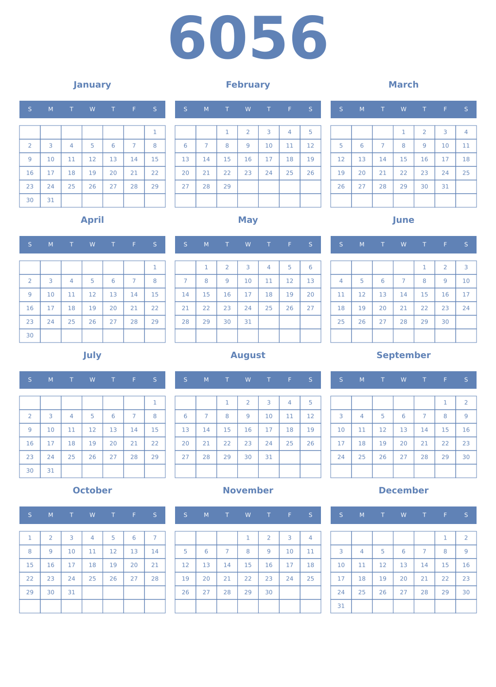 Printable 6056 Year Calendars glaucous