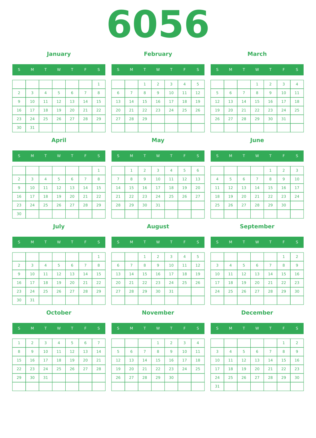 Printable 6056 Year Calendars green