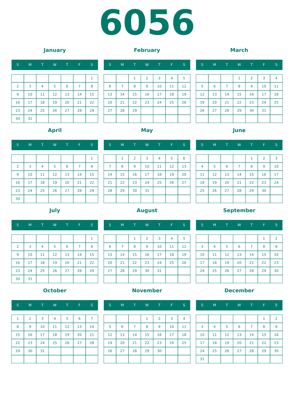 Printable 6056 Year Calendars pastel