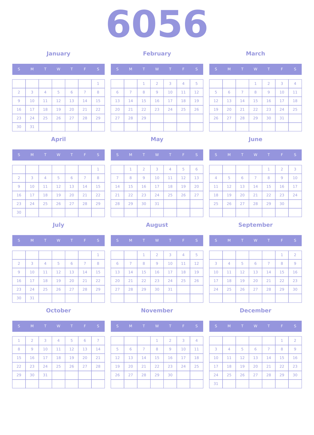 Printable 6056 Year Calendars periwinkle