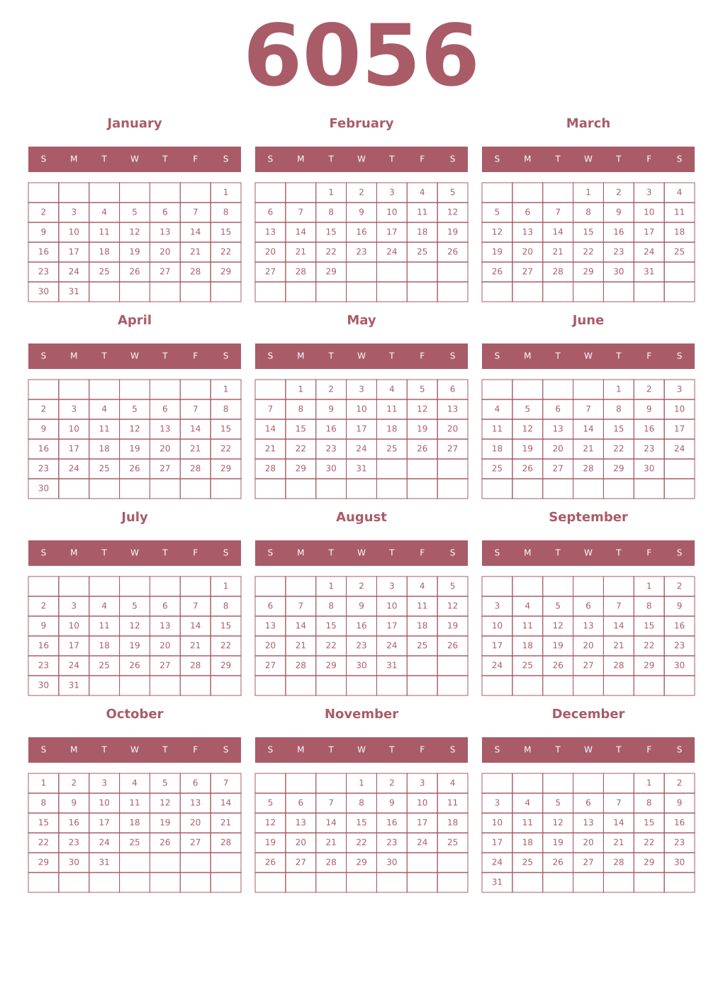 Printable 6056 Year Calendars puce