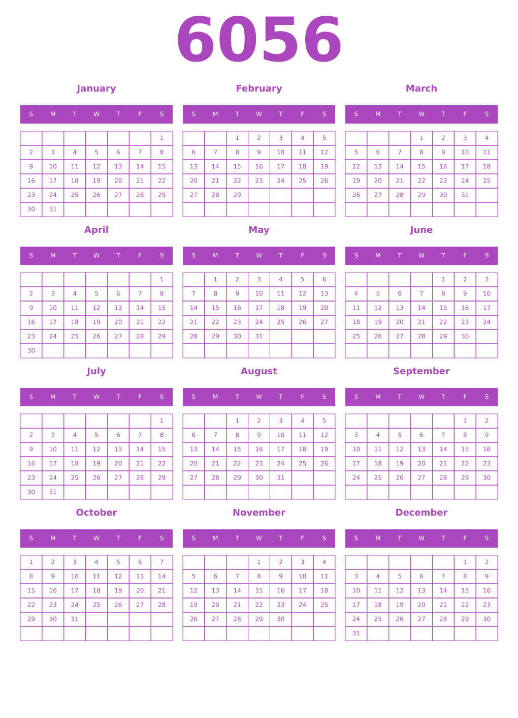 Printable 6056 Year Calendars purple