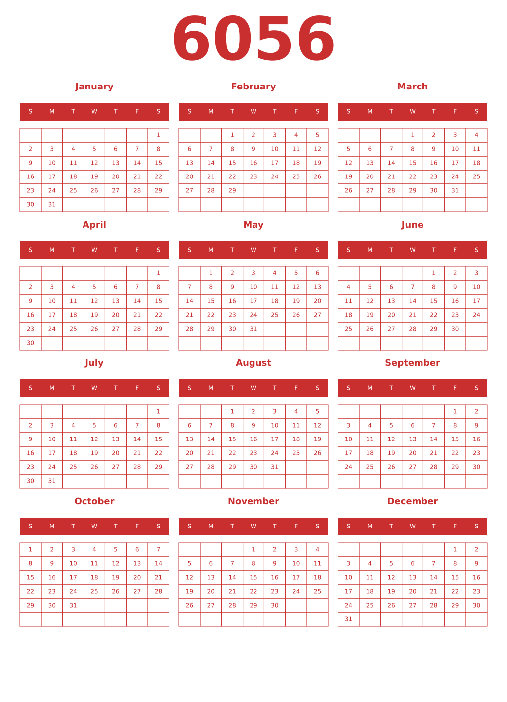 Printable 6056 Year Calendars red