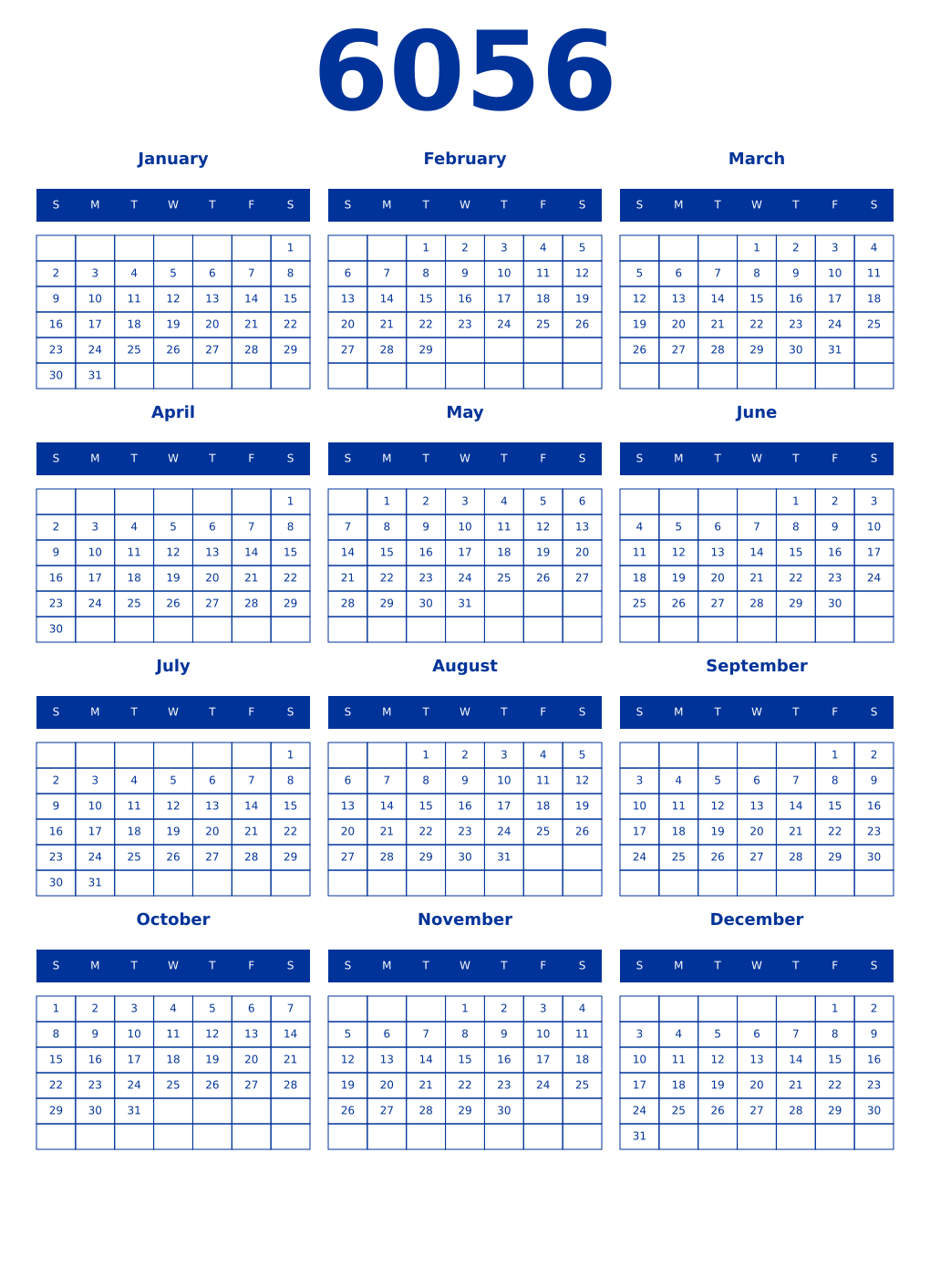 Printable 6056 Year Calendars smalt