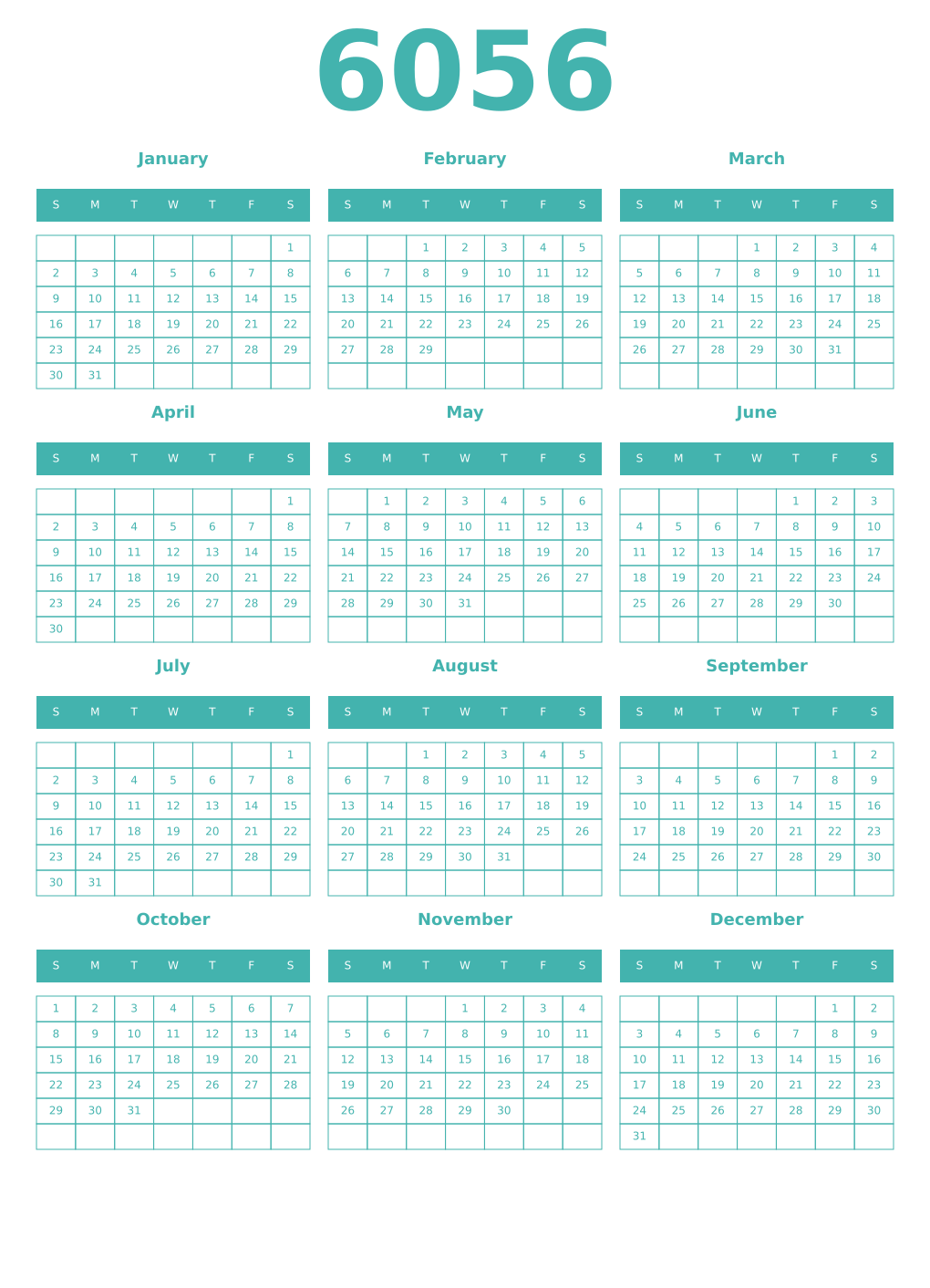 Printable 6056 Year Calendars verdigris
