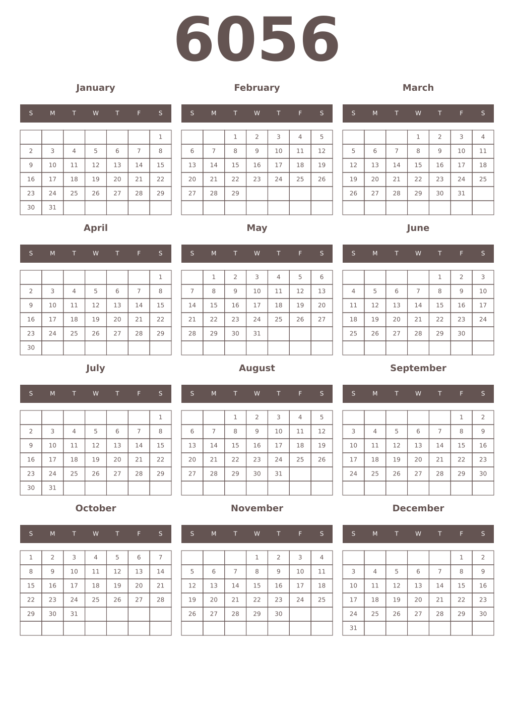 Printable 6056 Year Calendars wenge