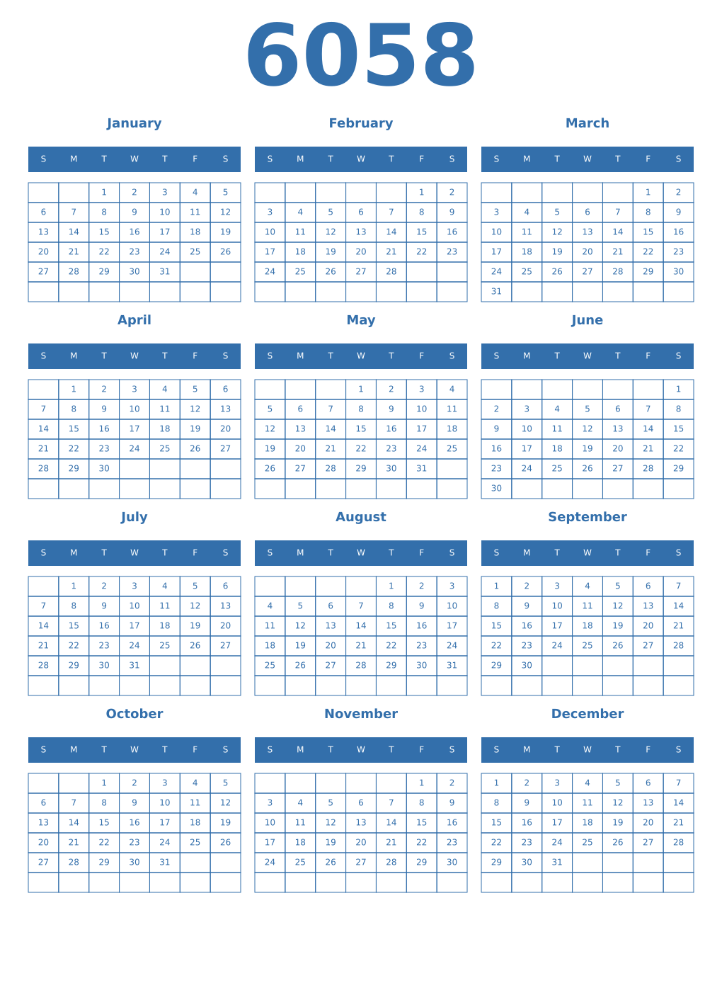 Printable 6058 Year Calendars blue