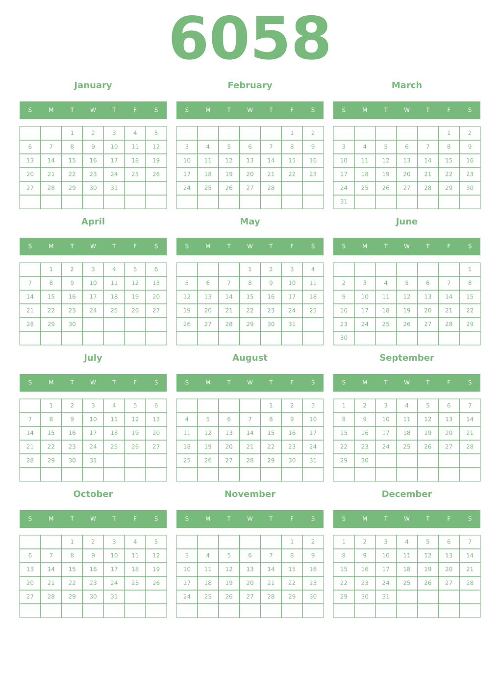 Printable 6058 Year Calendars celadon