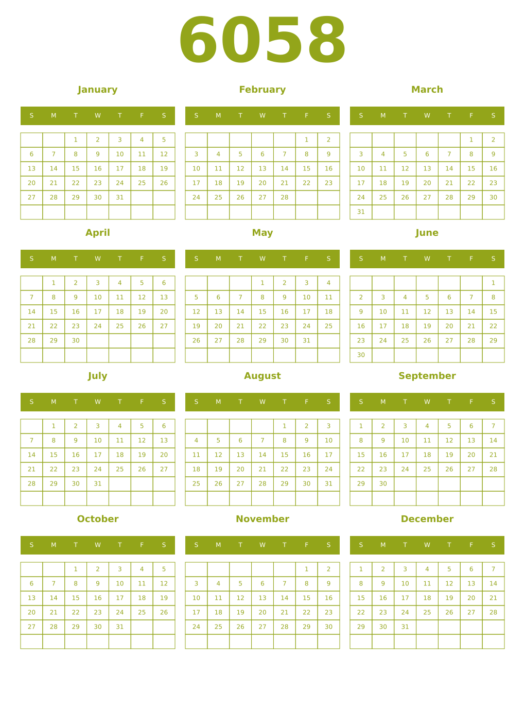 Printable 6058 Year Calendars chartreuse