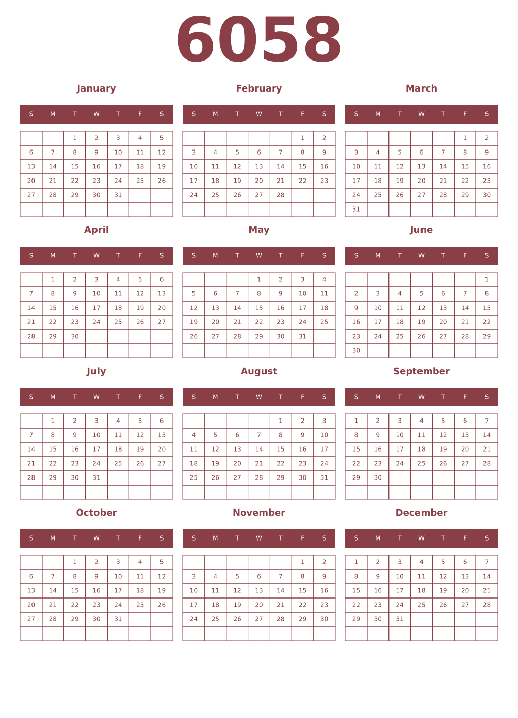 Printable 6058 Year Calendars cordovan