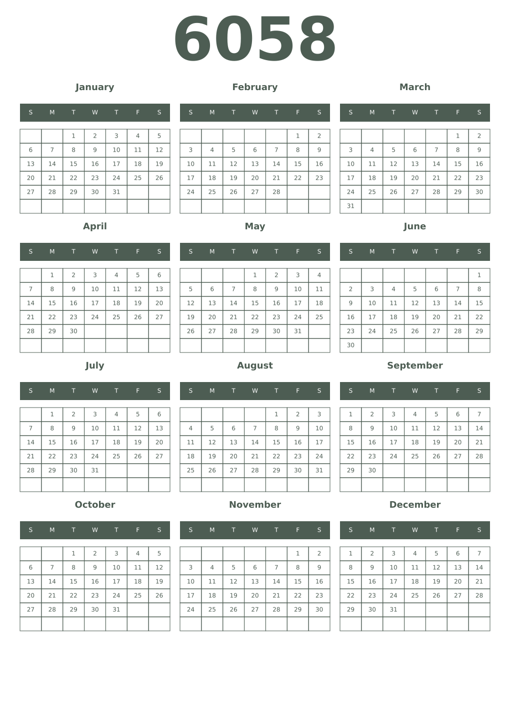 Printable 6058 Year Calendars feldgrau