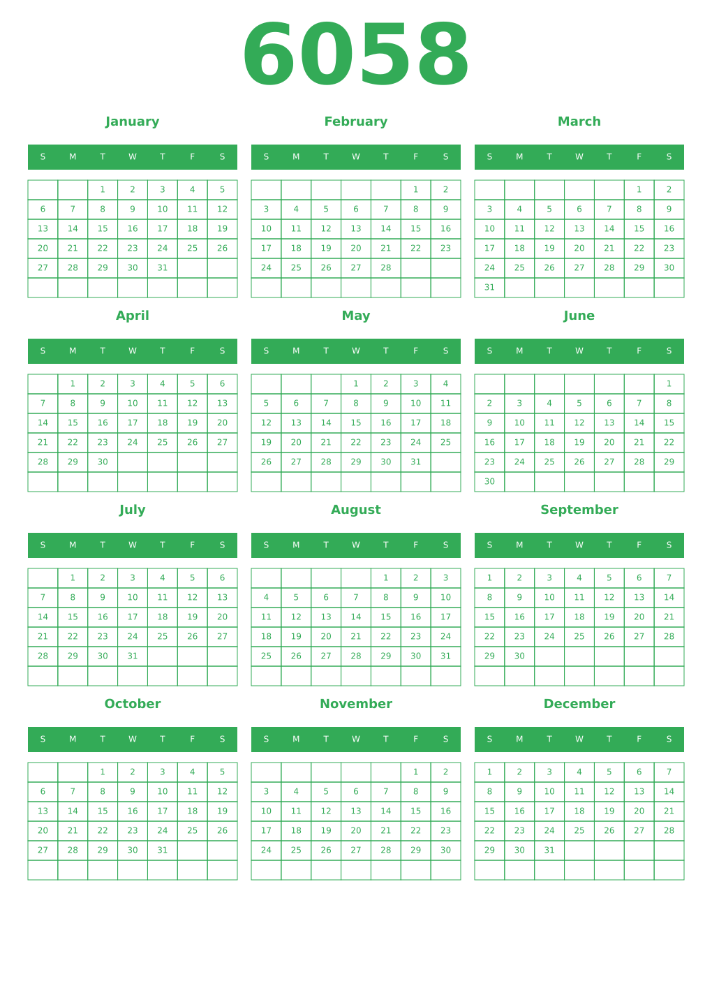 Printable 6058 Year Calendars green