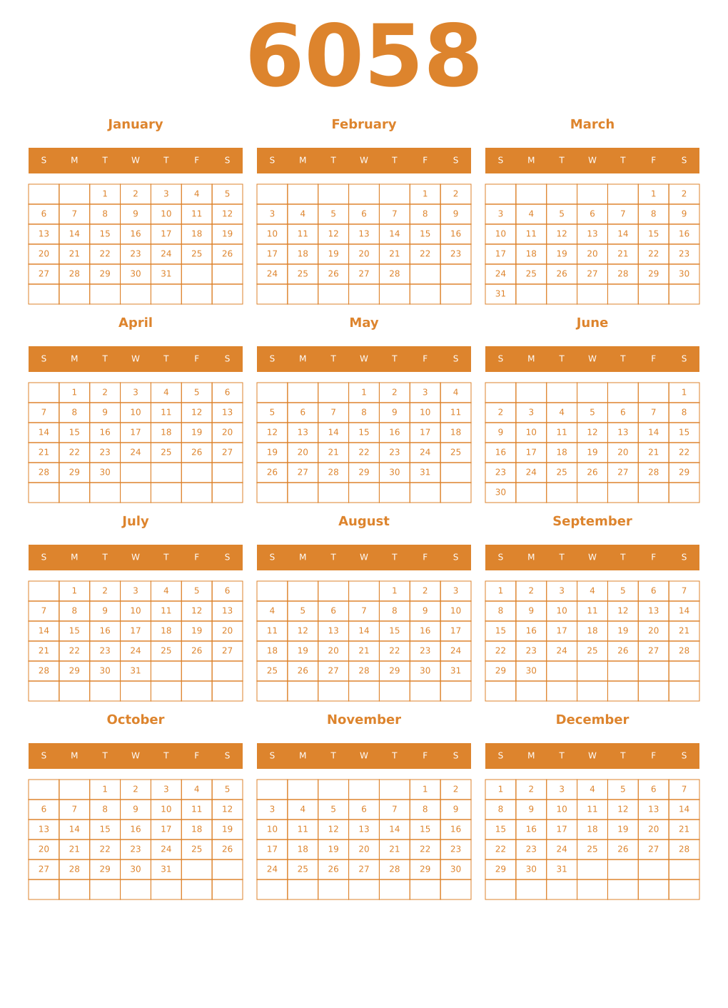 Printable 6058 Year Calendars orange