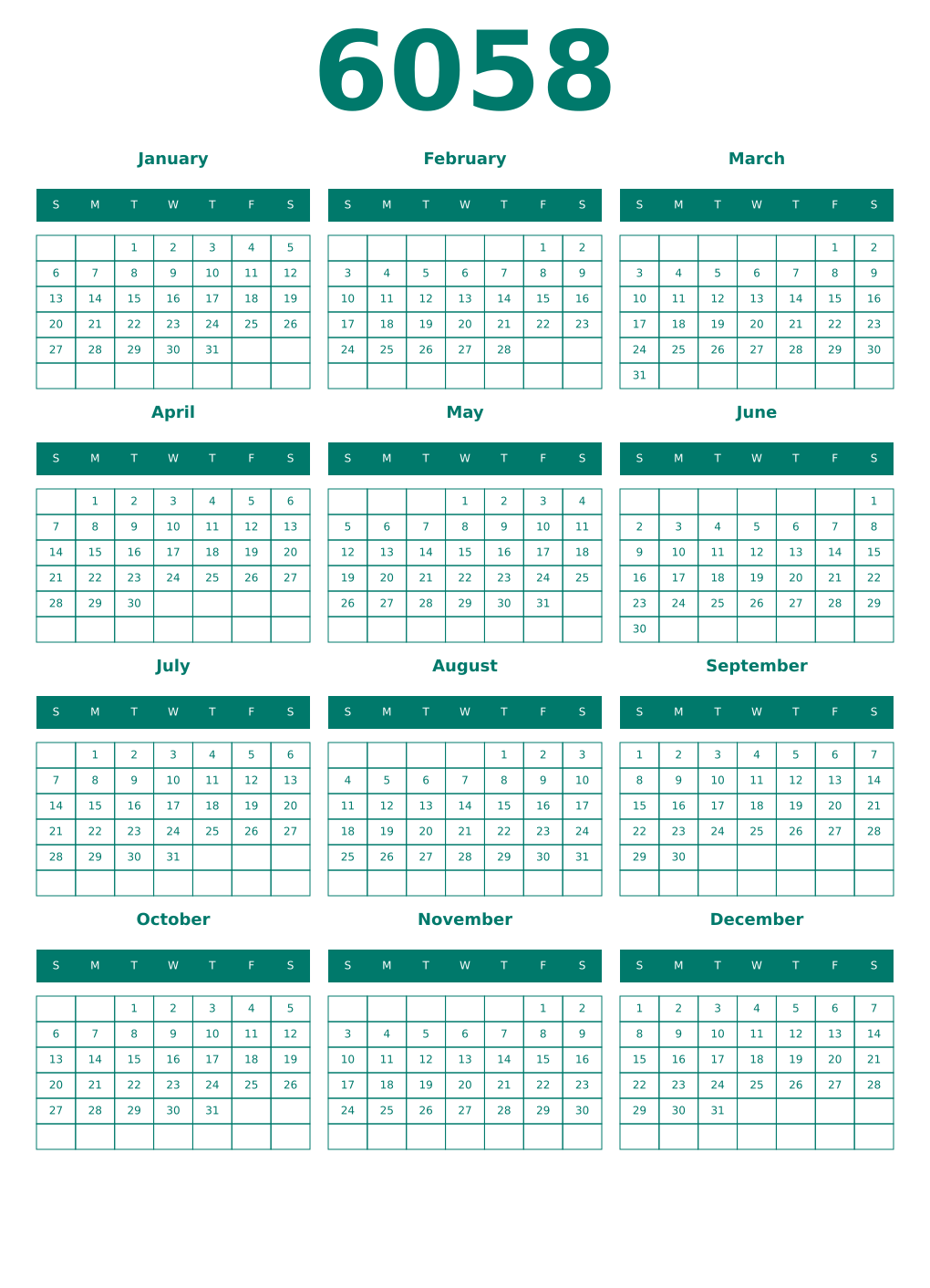 Printable 6058 Year Calendars pastel