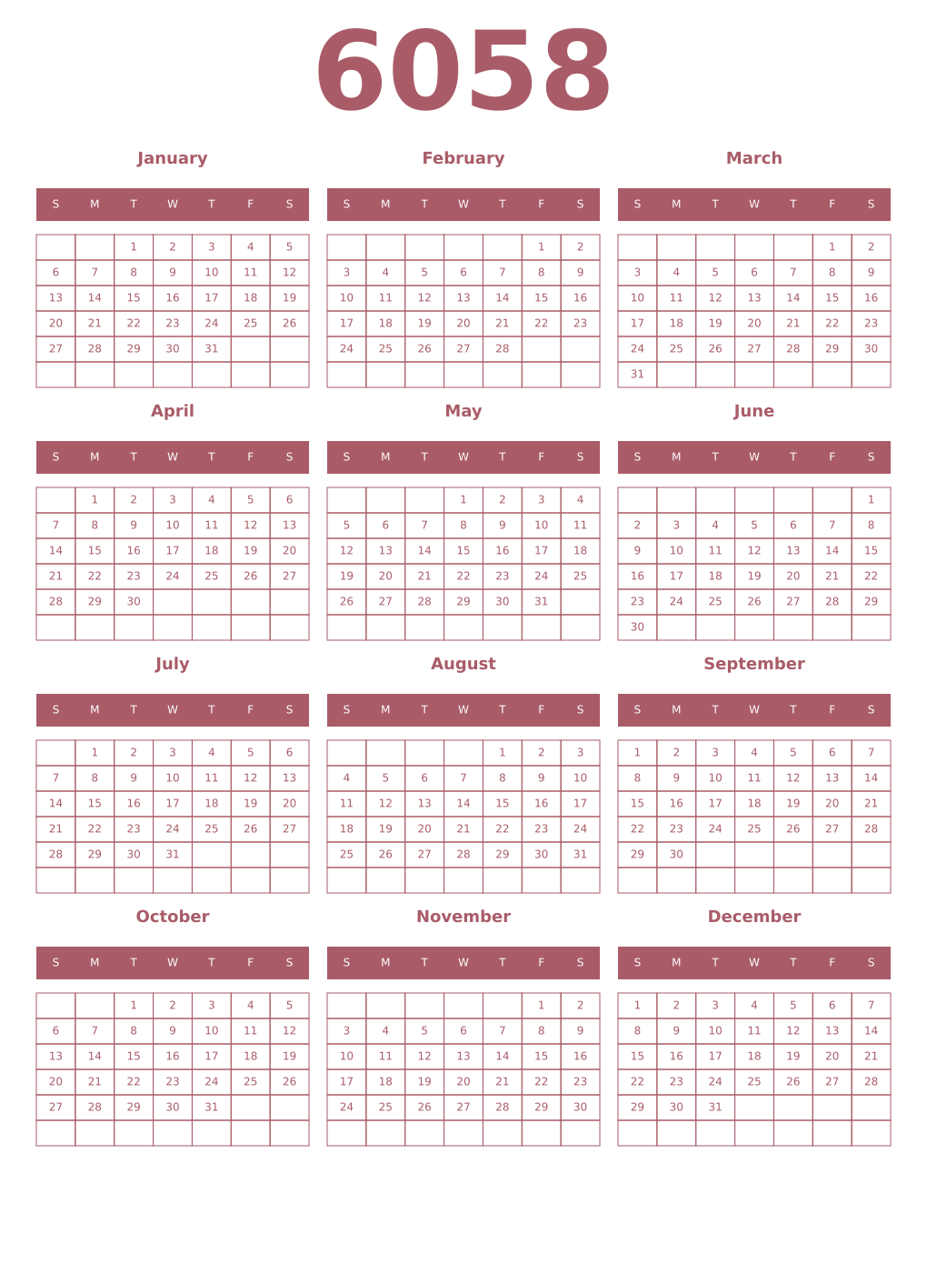 Printable 6058 Year Calendars puce