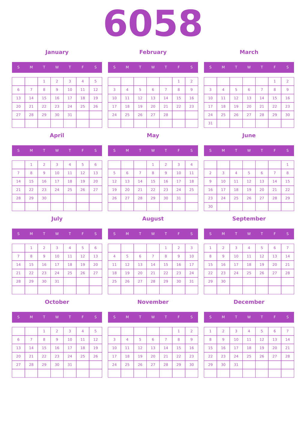 Printable 6058 Year Calendars purple