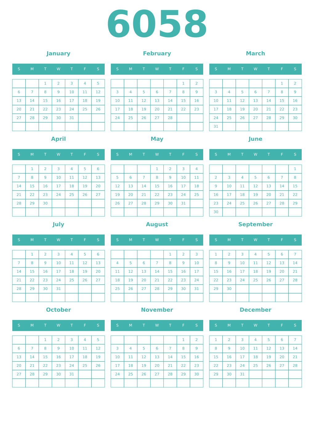 Printable 6058 Year Calendars verdigris