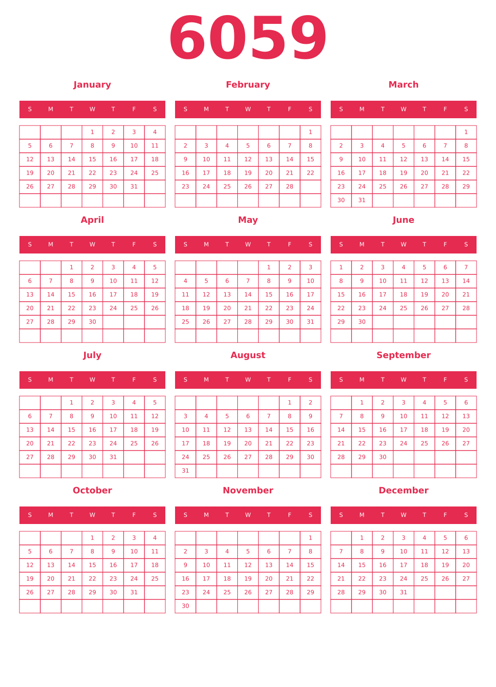 Printable 6059 Year Calendars amaranth