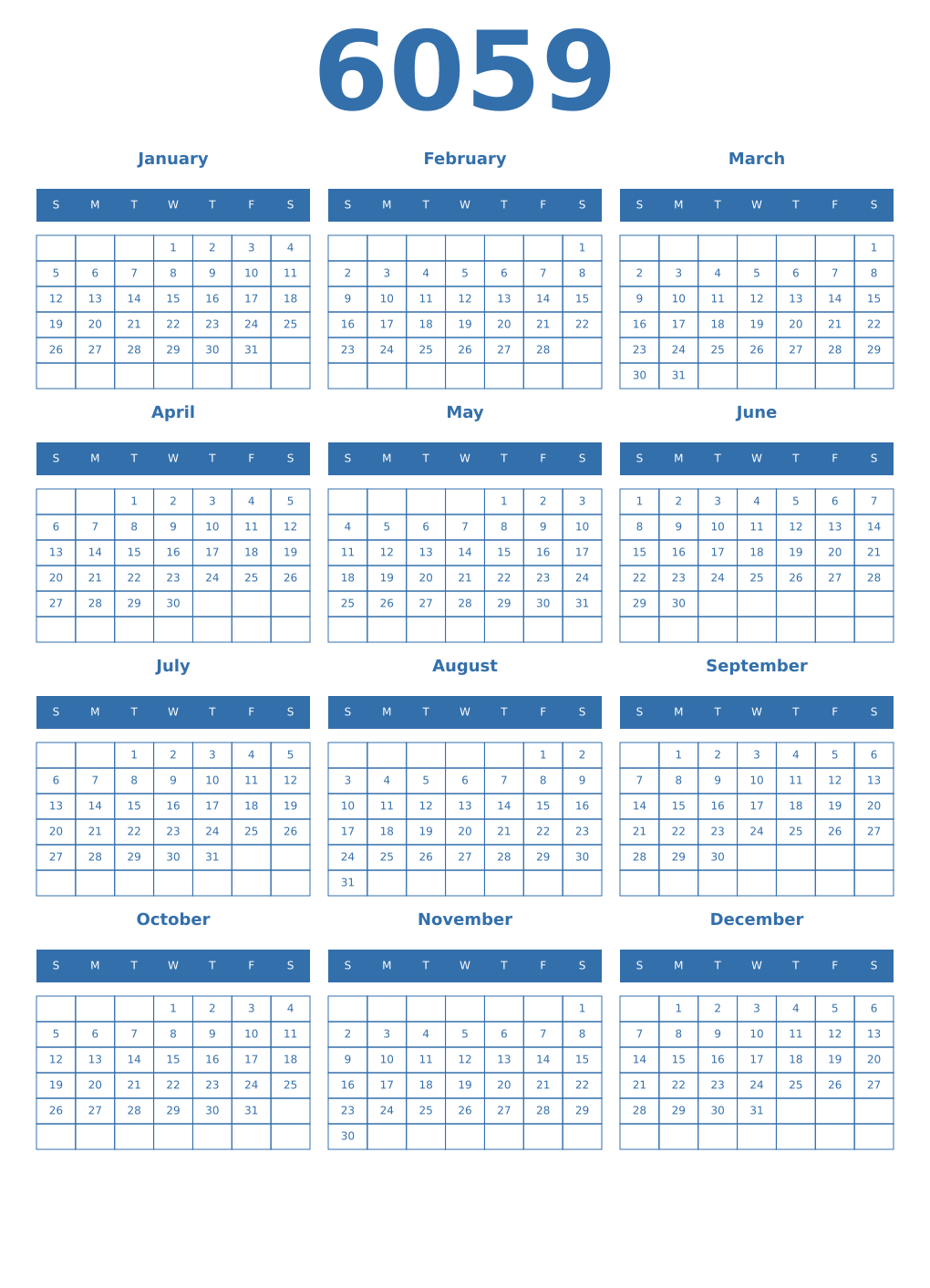 Printable 6059 Year Calendars blue