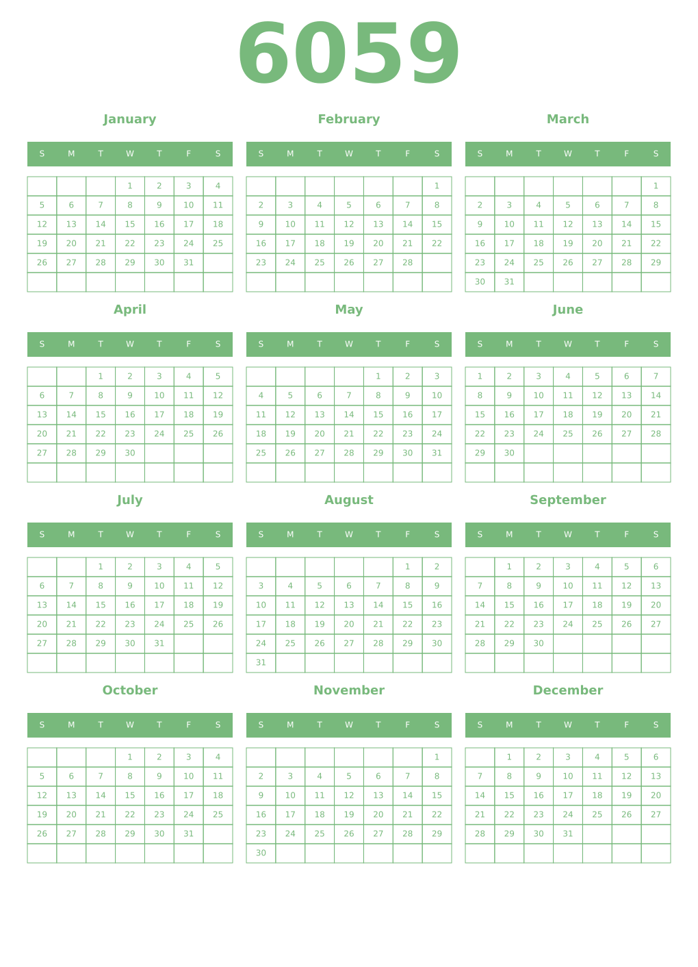 Printable 6059 Year Calendars celadon