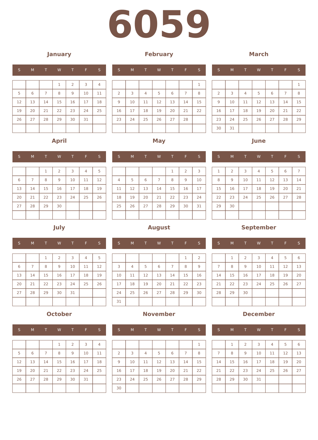 Printable 6059 Year Calendars coffe