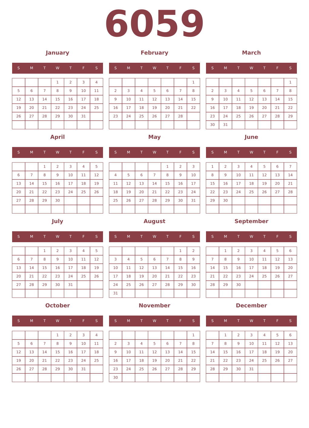Printable 6059 Year Calendars cordovan