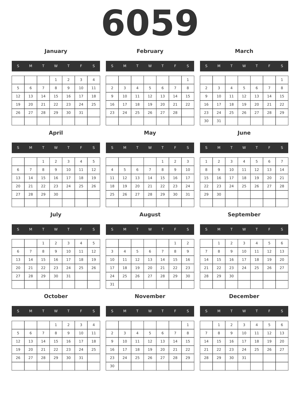 Printable 6059 Year Calendars dark