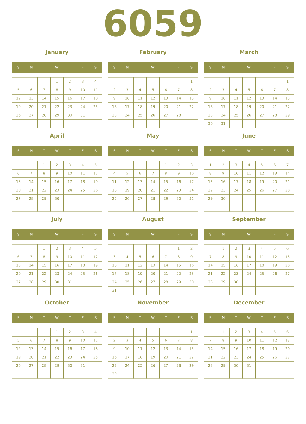 Printable 6059 Year Calendars eburnean