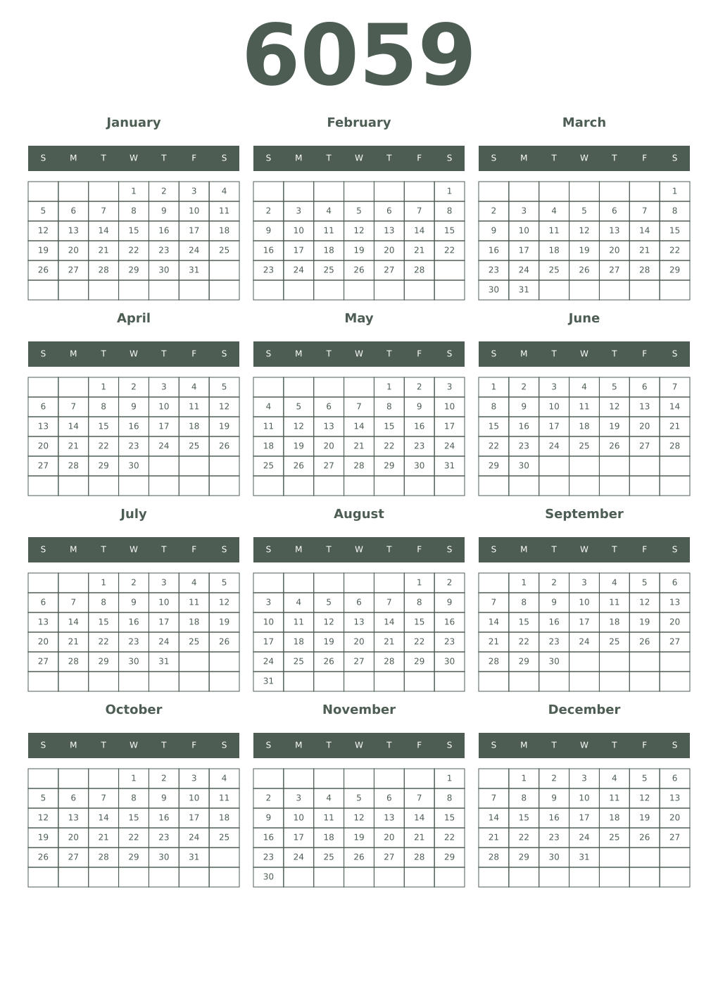 Printable 6059 Year Calendars feldgrau