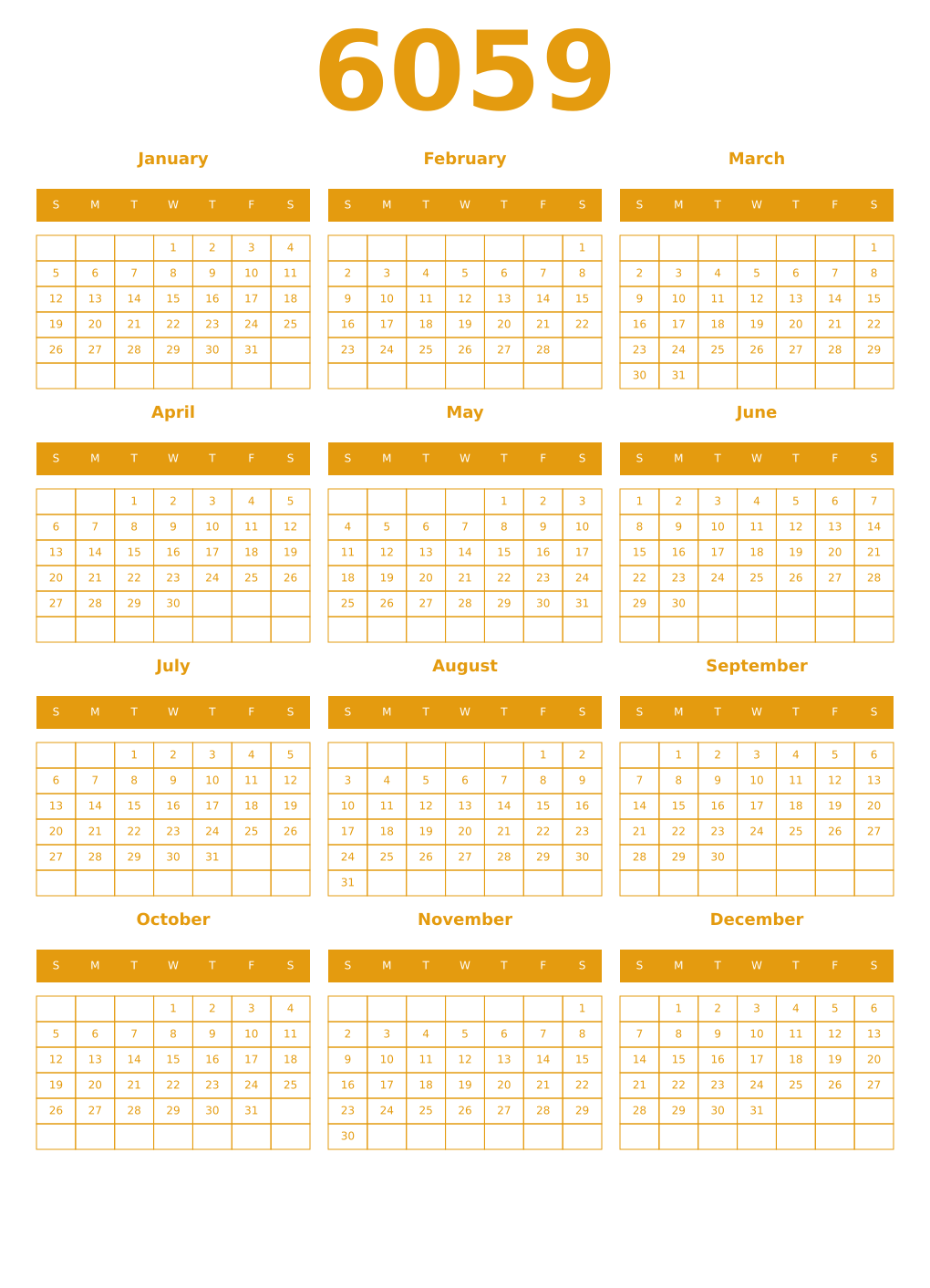 Printable 6059 Year Calendars gamboge